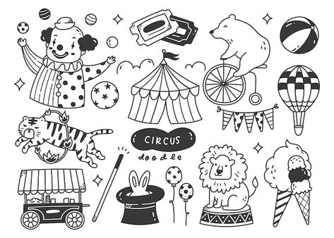 Circus Cartoon Illustration, Circus Drawing Reference, Carnival Doodles, Fair Doodles, Circus Drawing Sketches, Circus Tent Tattoo, Circus Doodles, Circus Sketch, Clown Doodles