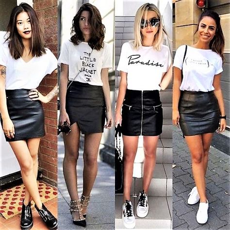 Black Leather Mini Skirt Outfit, Mini Leather Skirt Outfit, Leather Mini Skirt Outfit, Casual Oufits, Skirt Outfit Summer, Leather Skirt Outfit, Mode Tips, Miniskirt Outfits, Elegante Casual