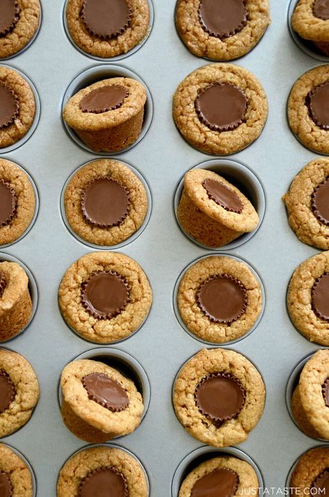 Easy Peanut Butter Cup Cookies are baked in a mini muffin tin for the perfect bite-sized treat! These mini desserts star a soft and chewy peanut butter cookie filled with a Reese’s peanut butter cup. justataste.com #peanutbutterblossomcookies #peanutbuttercookies #peanutbuttercups #muffintinrecipes #justatasterecipes Reese Cup Cookies, Cup Cookies Recipe, Mini Muffin Tin Recipes, Peanut Butter Cups Recipe, Cookie Cups Recipe, Cup Cookies, Dessert Mini, Peanut Butter Muffins, Peanut Butter Bites