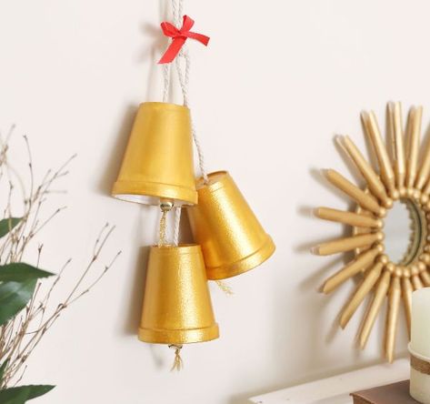 How to make a bell with a Styrofoam cup Christmas Bell Decorations, Twine Crafts, Metallic Gold Paint, Boy Haircuts, Styrofoam Cups, Bell Decorations, Christmas Carnival, Preschool Christmas, Paper Garland