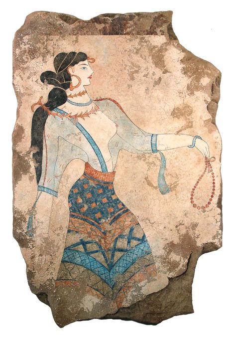 The Adorants: From Akrotiri Collection Replica Panel Sizes: 16” x 24” | 24” x 32” | 32” x 48” | The frescoes of three elaborately dressed women were found in the “Lustral Basin” of Xeste 3. They appear to be heading towards what scholars have interpreted as an altar/shrine. The women’s rich clothing, fine jewelry, and meticulous grooming indicate the social status and importance of this composition. Minoan Clothing, Bronze Age Civilization, Minoan Art, Starověký Egypt, Ancient Greek Art, Ancient Paintings, Greek History, Art Antique, Greek Art