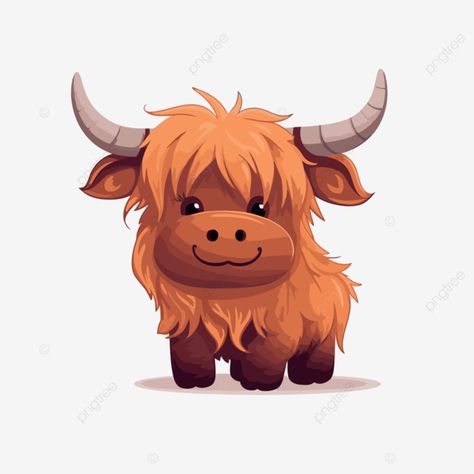 Highland Cow Cartoon, Highland Cow Drawing, Cow With Horns, Cow Cartoon, Sticker Clipart, Cow Vector, Cute Highland Cow, Highland Cows, Cute Animal Illustration