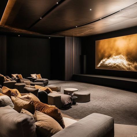 Elegant home theater with plush seating, large screen for movies, and cozy lighting for ultimate viewing pleasure. Perfect for movie enthusiasts. Luxury Movie Theater, Warm Neutral Color Palette, Home Theater Room Design, Karaoke Room, Theater Room Design, Theater Design, Home Cinema Room, Casual Seating, Room Screen