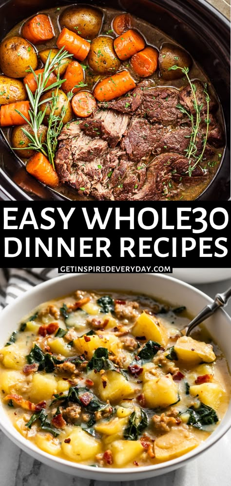 Easy to make and anything but boring, these Whole30 Dinner Recipes are some of our favorite dinners. With 50 dinner options, you’ll have everything you need to do a Whole30. Or simply enjoy these Whole30 dinners throughout the year. From my Creamy Garlic Chicken, to my comfort food Slow Cooker Pot Roast, there’s a little something for everyone. Easy Whole 30, Whole 30 Dinner, Food Slow Cooker, Packable Lunches, Whole30 Lunch, Cozy Soups, Turmeric Chicken, Slow Cooker Pot Roast, Whole30 Dinner