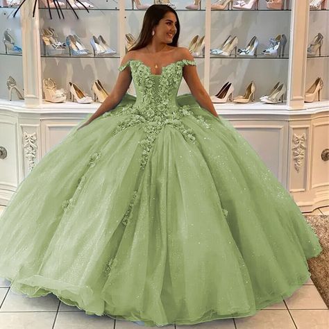 Sweet 16 Dresses Green, Olive Green Quinceanera Dresses, Green Puffy Dress, Dresses With 3d Flowers, Green Quince Dress, Green Quinceanera Theme, Dye Wedding Dress, Quinceanera Theme, Green Quinceanera