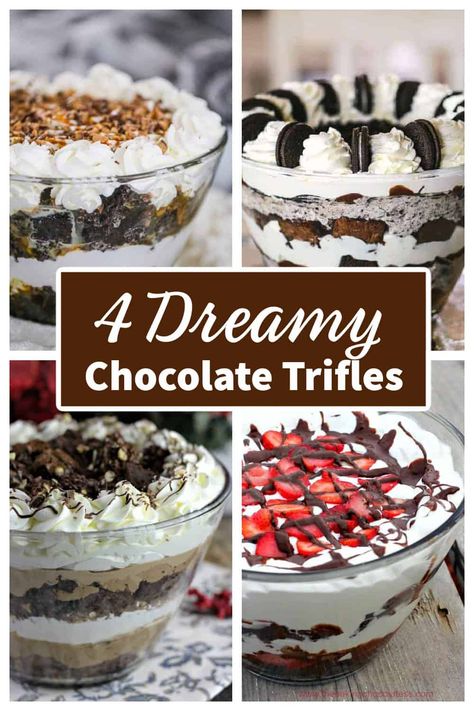 Chocolate lovers rejoice with our 4 Dreamy Chocolate Trifles! Everyone loves trifles, especially when chocolate is on the scene! Trifles are elegant desserts that are sure to make your special occasion a celebration!  Trifles have layers of all kinds of yummy desserts like cakes, mousses, brownies, fruits, puddings and there is always lots of fluffy whipped cream involved! #chocolate #trifles #chocolatetrifles #layereddesserts #trifledesserts #desserts Chocolate Trifles, Desserts With Chocolate, Chocolate Oreo Cheesecake, Brownie Trifle, Peanut Butter Oatmeal Bars, Chocolate Trifle, Sweetened Whipped Cream, Trifle Desserts, Layered Desserts