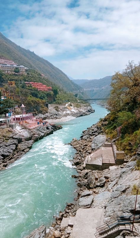 Confluence of Alaknanda River and the Bhagirathi and the beginning of the main stem of the Ganges river, or Ganga Ganga River Illustration, River Ganga Photography, Ganga River Photography, Devbhoomi Uttarakhand, Ganga Ghat, Little Kanha Ji Images, Beach Peace, Christmas Halloween Decorations, Ganga River