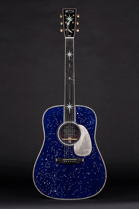 Custom Acoustic Guitar Design, Pretty Acoustic Guitars, Painted Guitar Acoustic, Moon Guitar, Acoustic Guitar Design, Blue Acoustic Guitar, Acoustic Guitar Art, Star Guitar, Custom Acoustic Guitars