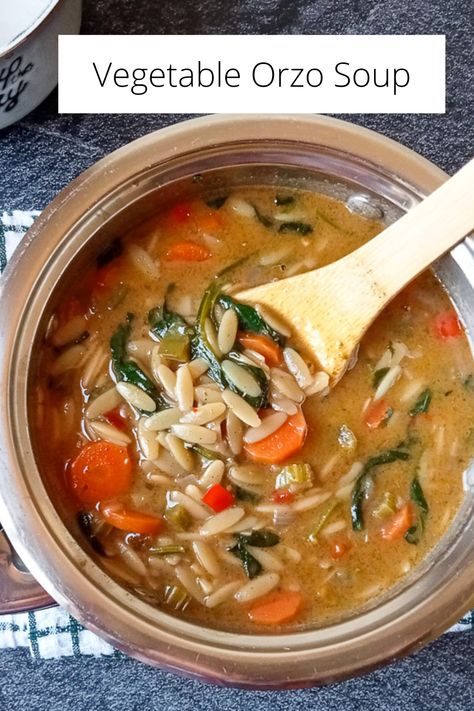 An overhead shot of a pot full of vegetable orzo soup with a wooden spoon on a tablecloth. Beside it there is an empty bowl and a silver spoon Orzo Vegetable Soup, Vegetable Orzo Soup, Carrots And Spinach, Vegetable Orzo, Pasta Seasoning, Soup For Dinner, Orzo Soup, Flavorful Vegetables, Vegetable Soup Recipes