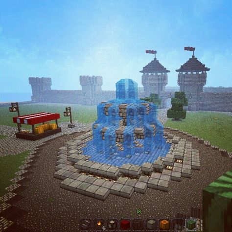 Interior of city - fountain main focal point in city square. #minecraft My medieval city project. Minecraft Main Square, Minecraft Square, Minecraft Fountain, Vila Medieval, Minecraft Town, Minecraft Garden, City Project, Minecraft Interior, City Square