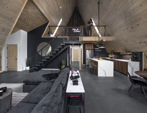 Photo 8 of 17 in A Family’s Matte Black A-Frame Becomes More Than a Weekend Getaway - Dwell A Frame House Interior, A Frame Floor Plans, Loft Houses, A-frame Interior, Garage Plans With Loft, Nordic House, Living Room Console, Modern Tiny House, Open Living Room