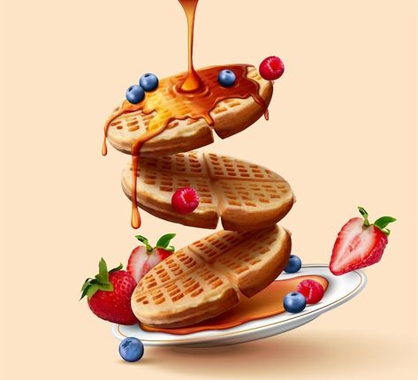 Honey Pouring, Toaster Waffles, Berry Fruit, Illustration Food, Yellow Background, Cafe Decor, 3d Illustration, Premium Vector, Waffles