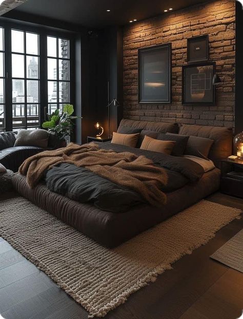 Men’s Cozy Bedroom, Neutral Masculine Bedroom Ideas, Black Room With Accent Wall, Dark Men’s Bedroom, Bachelor Pad Minimalist, Slate Gray Bedroom Ideas, Wood Slate Bedroom Wall, Interior Design Male Bedroom, Black And Wood Interior Design Bedroom