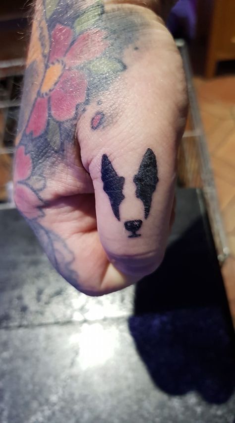 Bull Terrier Tattoo Ideas, Greyhound Tattoo, Bull Terrier Tattoo, Miniature Bull Terrier, Matching Couple Tattoos, Finger Tattoo, Hand Tattoos For Guys, English Bull Terriers, Moustaches