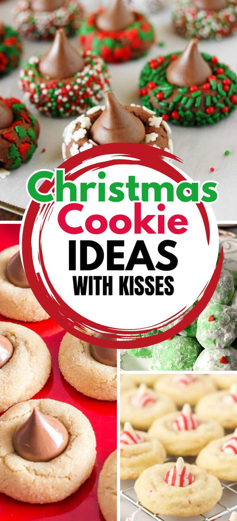 Photo collage of Christmas cookies with Hershey kisses. Peanut Butter With Kisses Cookies, Christmas Cookies Peanut Butter Blossoms, Kisses Cookies Christmas, Peanut Butter Blossoms Christmas, Peanut Butter Chocolate Kiss Cookies, Hershey Kiss Peanut Butter Blossoms, Hershey Kiss Christmas Cookies, Blossom Cookies Without Peanut Butter, Holiday Blossom Cookies