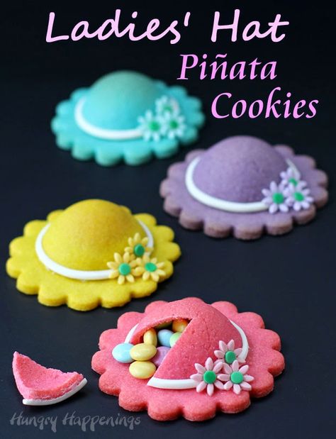 These Ladies' Hat Piñata Cookies will make a lovely dessert for Mother's Day, a Kentucky Derby Party, or even a bridal shower. Piñata Cookies, Pinata Cookies, Colored Cookies, Dessert Original, Hat Cookies, Ladies Hats, Edible Crafts, Tea Party Food, Chocolate Flowers