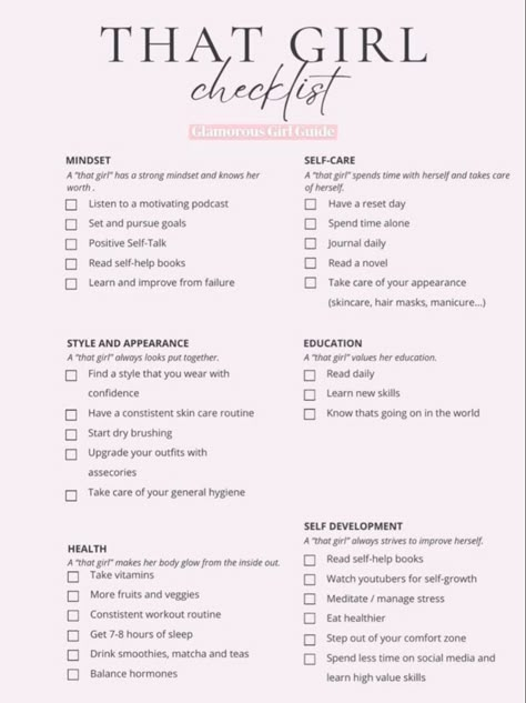 Weekly Routine Checklist, It Girl List, That Girl List, Daily Self Care Checklist, Beauty Routine Checklist, Workouts For Teens, Self Care Bullet Journal, Life Routines, Get My Life Together