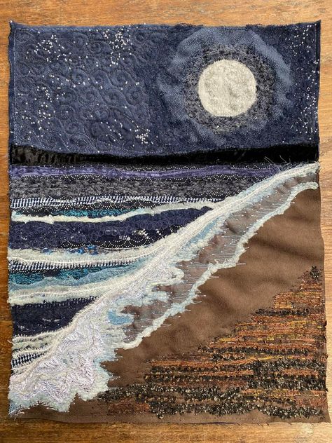 Full Moon Beach, Felt Landscapes, Embroidered Landscapes, Moon Beach, Beach Quilt, Landscape Art Quilts, Waves Sea, Landscape Quilt, Textile Art Embroidery