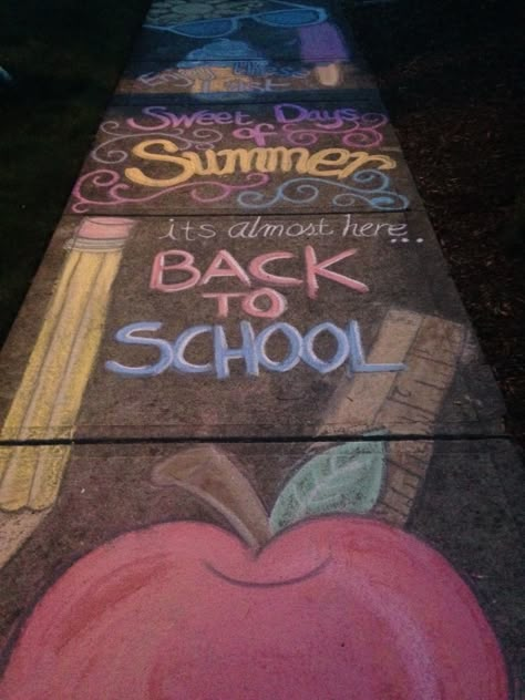 Back to School sidewalk chalk Chalk Messages Sidewalk School, School Sidewalk Painting, Welcome Back To School Sidewalk Chalk, Sidewalk Chalk Art Back To School, 1st Day Of School Chalk Art, First Day Of School Chalk Art, First Day Of School Sidewalk Chalk Ideas, Interactive Chalk Art, Back To School Sidewalk Chalk Ideas