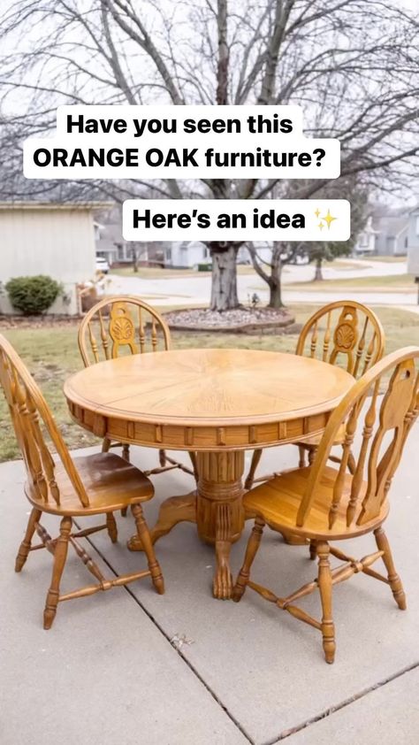 Lauren Hull | furniture flipping teacher | Transform your Kitchen Table set ✨ Here’s some inspiration and a how-to for your old outdated orange and oak furniture. This type of… | Instagram Refurbished Kitchen Tables, Antique Kitchen Table, Oak Table And Chairs, Painted Dining Room Table, Refurbished Table, Old Kitchen Tables, Refinished Table, Kitchen Table Oak, Dining Room Table Makeover