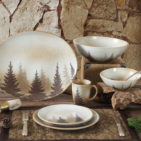 Rustic Dining Set, Diy Keramik, Rustic Dinnerware, Pine Tree Silhouette, Black Forest Decor, Kitchen Canister Set, Ceramic Dinnerware Set, Forest Decor, Keramik Design