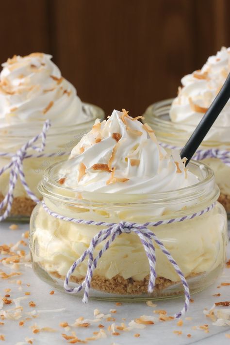 Pina Colada Dessert Cups | Cooking on the Front Burner #dessert #pinacolada Pina Colada Dessert, Dessert Items, Dessert In A Jar, Tiny Treats, Cookie Cups, Food Club, Mini Cheesecakes, Baked Dessert Recipes, Sweet Delights