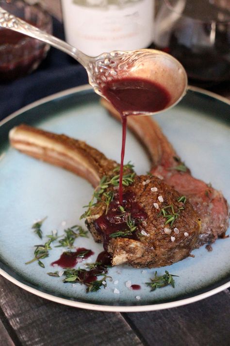 Red Wine Rack Of Lamb For One-Coffee And Champagne Lamb Jus Recipe, Lamb Chop Red Wine Sauce, Sauce For Lamb Rack, Red Wine Sauce For Lamb, Rack Of Lamb Sauce, Rack Of Lamb Dinner, Lamb Sauce Recipes, Red Wine Jus Recipe, Rack Of Lamb Recipes