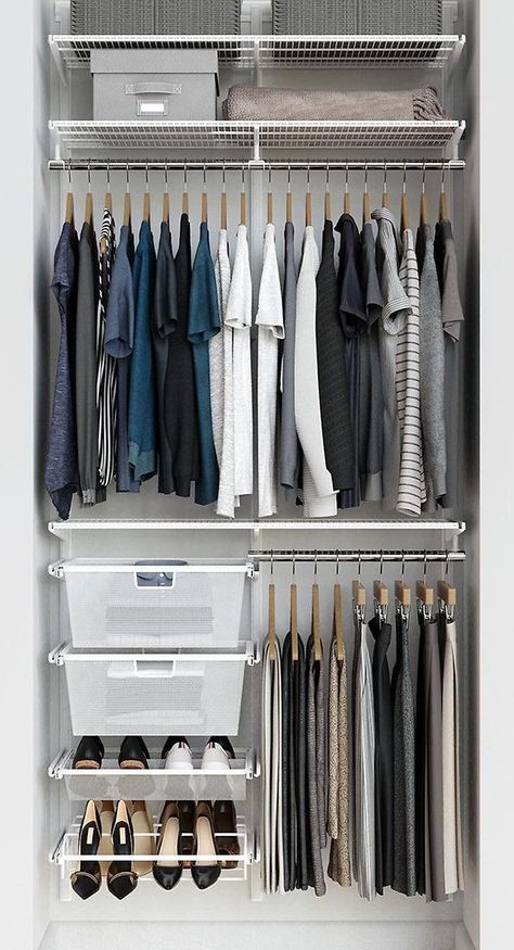 Elfa Small Closet Ideas, Elfa Reach In Closet, Wordroab Organizing Ideas, Elfa Closet Ideas Small Spaces, Elfa Closet Ideas, Reach In Closet Organization, Organization Basement, Small Clothes Closet Organization, Minimalist Closet Organization