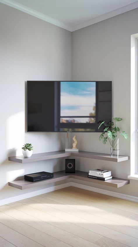 12 Hidden TV Ideas for Corner Spaces to Maximize Style and Functionality – Balanced Home Living Corner Tv Swivel Mount, Flat Wall Tv Ideas, Small Tv Corner Ideas, Corner Tv Floating, Tv Corner Design, Tv In A Small Living Room, Tv On Corner Wall Ideas Living Room, Tv Hung In Corner, Shelves Above Corner Tv