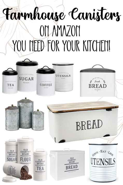 Farmhouse style kitchen decor you need! Diy Kitchen Canisters Ideas, Coffee Canister Ideas, Diy Farmhouse Canisters, Farmhouse Canisters For Kitchen, Farm Animal Kitchen Decor Ideas, Rustic Canisters For Kitchen, Farmhouse Canisters For Kitchen Michaels Stores, Black And White Farmhouse Kitchen, Farmhouse Canister Set