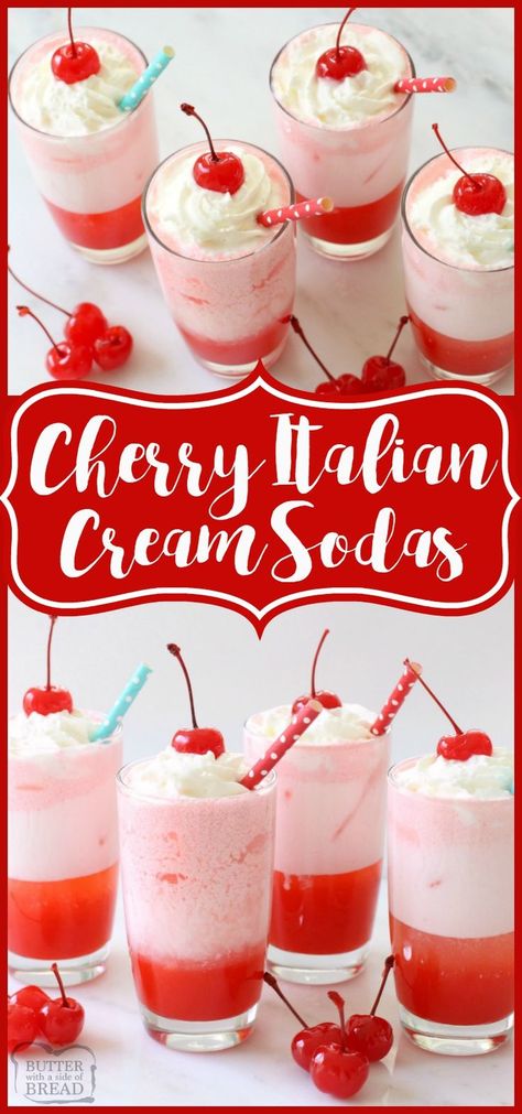 Easy Homemade Cherry Italian Cream Sodas ~ the syrup is just 2 ingredients and so simple to make! Fancy & delicious sodas are so fun! Easy drink recipe from Butter With A Side of Bread Italian Cream Soda, Soda Bar, 2 Ingredient Recipes, Italian Cream, Homemade Soda, Drink Recipes Nonalcoholic, Soda Recipe, Refreshing Drinks Recipes, Easy Drink Recipes