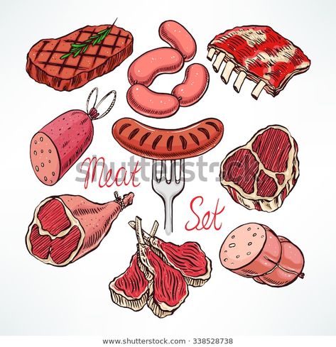 Colorful Set Appetizing Meat Products Handdrawn Meat Drawing, Meat Products, Amazing Drawings, Impressionist Art, Vector Drawing, Vector Illustration Design, Food Drawing, Character Sketch, Vector Pattern