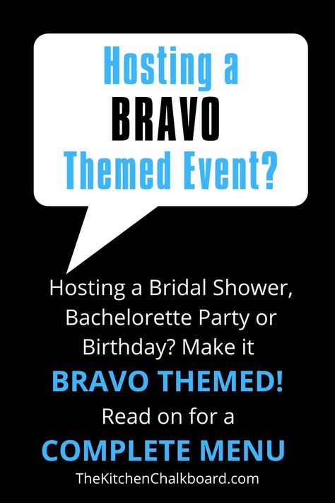 Hosting a bachelorette, birthday, or shower? Love Bravo TV? Why not make it a Bravo TV Themed Party? Read on for a complete menu with recipes and tips to make your party a memorable one! Real Housewives Dinner Party, Real Housewives Party Ideas, Reality Tv Bachelorette Party, Bravo Tv Themed Party, Real Housewives Bridal Shower Theme, Bravo Theme Bachelorette Party, Bravo Party Theme, Bravo Birthday Party, Real Housewives Birthday Party