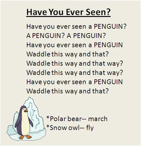 "Have You Ever Seen?" Polar animal movement song, great for the Winter season. To the tune "Did You Ever See a Lassie?" Arctic Animals Preschool, Art Ideas For Kids, Bear Songs, Movement Songs, January Art, Circle Time Songs, Preschool Prep, Kindergarten Songs, Classroom Songs