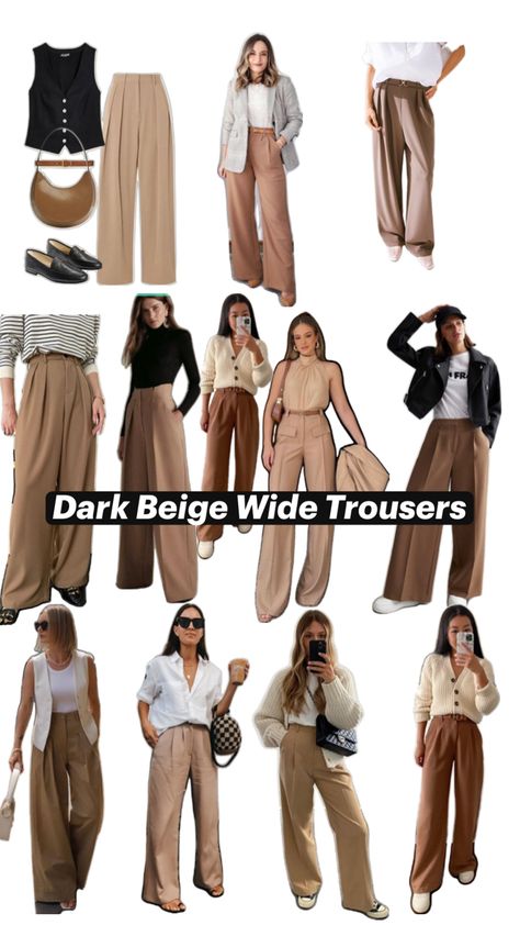 These wide leg trouser looks are for all the body type What Shoes With Wide Leg Trousers, Camel Wide Leg Trousers Outfit, Beige Wide Pants Outfit, Wide Leg Trousers Shoes, Trousers Beige Outfit, Wide Leg Tan Pants Outfit, Brown Trousers Outfit Casual, Beige Wide Leg Trousers Outfit, Tan Trousers Outfit Women