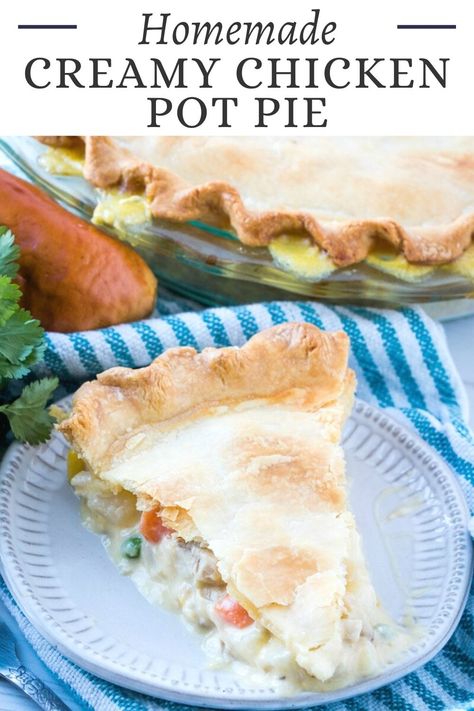 Two layers of flaky pie crust hold a creamy filling loaded with chicken and vegetables. This creamy chicken pot pie is a perfect comfort food meal and is a perfect way to use up some leftover chicken or turkey. Pie Crust Dinner, Creamy Chicken Pot Pie Recipe, Homemade Chicken Pot Pie Recipe, Classic Chicken Pot Pie, Creamy Chicken Pot Pie, Food Dinners, Devilled Eggs, Homemade Chicken Pot Pie, Chicken Pot Pie Recipe