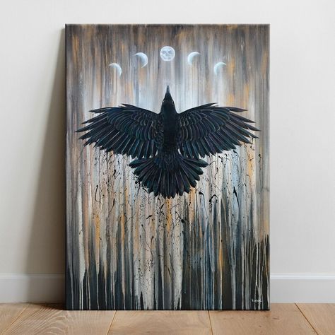 Large Original Painting Black Raven 5 Moon Phases Handmade - Etsy Ukraine Raven Acrylic Painting, Raven Painting Acrylic, 5 Moon Phases, Raven Painting, Acrylic Inspiration, Ap Drawing, Black Raven, Project Inspiration, Inspirational Art