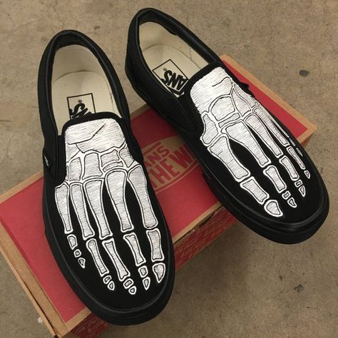 Painted Black Vans, Skeleton Shoes, All Black Vans, Vans Slip On Shoes, Painted Nikes, Custom Kicks, Hand Painted Shoes, Street Shoes, Black Vans