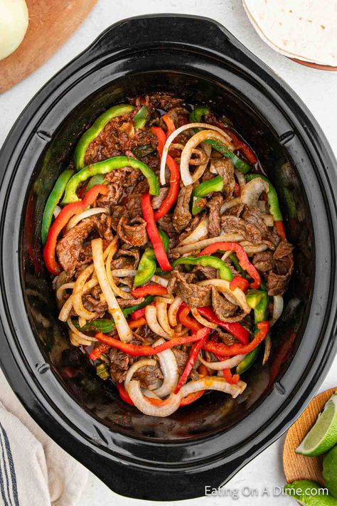 Slow Cooker Steak Fajitas Recipe Steak Fajitas Crockpot, Slow Cooker Steak Fajitas, Sausage And Peppers Crockpot, Crockpot Steak Recipes, Crockpot Fajitas, Crockpot Pepper Steak, Easy Steak Fajitas, Crockpot Stuffed Peppers, Slow Cooker Steak