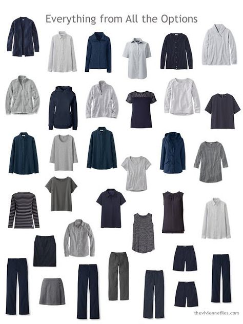 a 34-piece navy and grey wardrobe of Neutral Building Blocks Navy Capsule Wardrobe, Grey Wardrobe, The Vivienne Files, Vivienne Files, Classic Capsule Wardrobe, Capsule Wardrobe Outfits, Minimalist Capsule Wardrobe, The Vivienne, Wardrobe Outfits