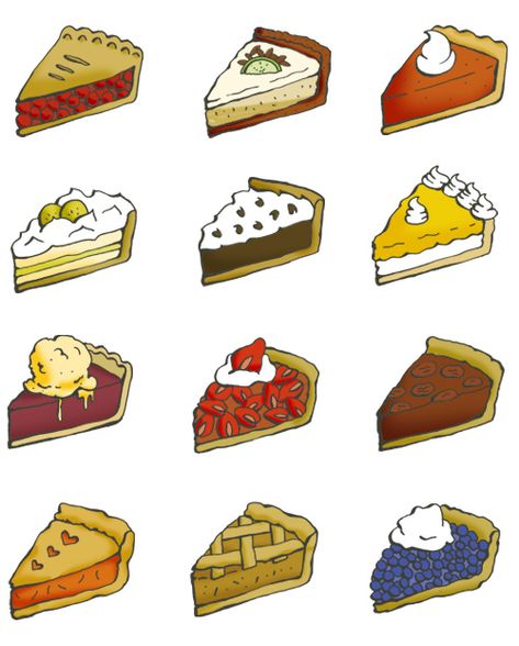 Twelve pie illustrations: cherry pie, key lime pie, pumpkin pie, banana cream pie, chocolate cream pie, lemon custard, pie a la mode, strawberry pie, pecan pie, peach pie, apple pie and blueberry pie. Bureau of Betterment Pie Drawing, Pie, White