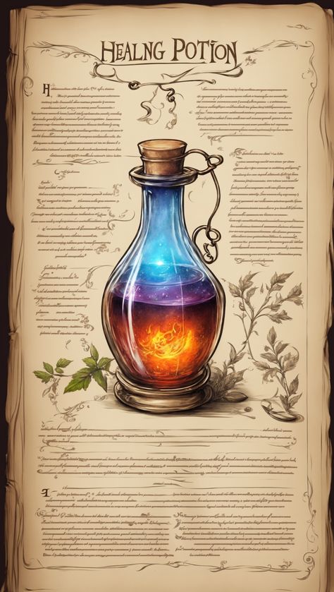 Magic Potions healing potion recipe written on the old page of 0 Healing Potion Recipe, Tincture Bottles, Old Page, Healing Potion, Potions Recipes, Magic Potions, Witch Potion, Bottle Drawing, Witchcraft Spell Books