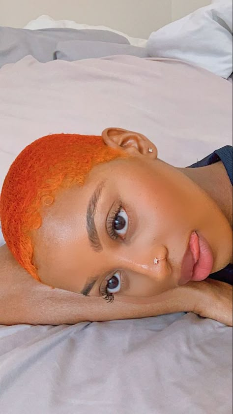 Bald Dyed Hair Black Women, Orange Buzzcut Women, Shaved 4c Hair, 2023 Asian Hair, Fox Hair Color Ideas, Half Hair Color Ideas, Dyed Short Hair Ideas, Hair Color Ideas Auburn, Dyed Short Natural Hair