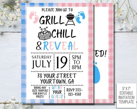 BBQ Gender Reveal Invitation, Cookout Gender Reveal, Baby BBQ Invitation, Co-ed Baby Shower, Cookout Baby Shower, Baby Q Invitation by DigitalDelightsCoUS on Etsy Gender Reveal Cookout Ideas, Bbq Gender Reveal Ideas For Party, Gender Reveal Bbq, Bbq Baby Gender Reveal Party, Bbq Gender Reveal Invitations, Gymnastics Birthday Invitations, Baby Q Invitations, Gender Reveal Invitations Template, Simple Gender Reveal