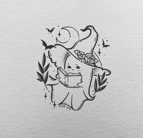 Cute Halloween Tattoos, Ghost Tattoo, Witch Tattoo, Easy Love Drawings, Spooky Tattoos, Cute Little Tattoos, Book Tattoo, Easy Doodles Drawings, Cute Doodles Drawings