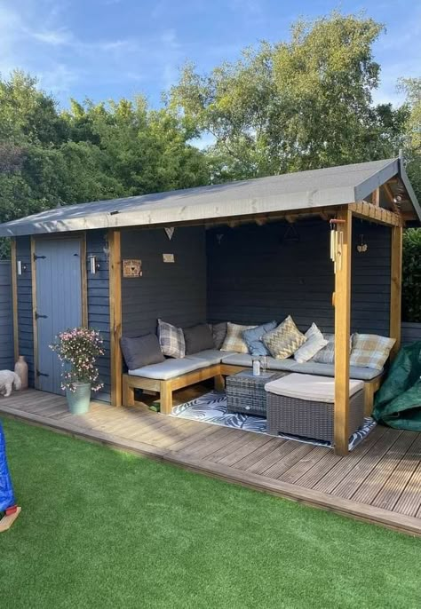 Backyard Bbq Seating Ideas, Shed And Gazebo Combo, Backyard Shed With Pergola, Garden Shed And Seating Area, Outdoor Roofed Seating Area, Shed Seating Area, Gazebo Shed Combo, Shed With Gazebo Attached, Shed With Outdoor Seating