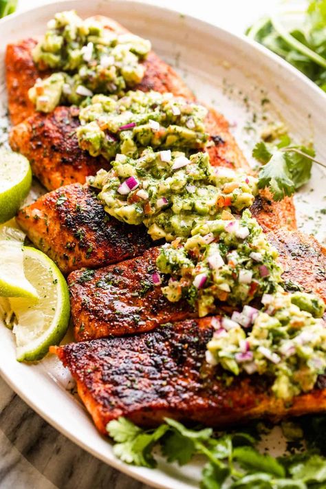 Salmon With Guacamole, Seafood Thanksgiving, Diethood Recipes, Tropical Recipes, Grilled Salmon Recipe, Salmon With Avocado, Avocado Salsa Recipe, Salmon With Avocado Salsa, Mustard Salmon