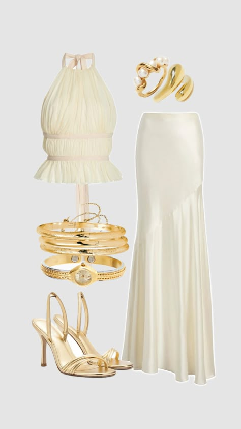 White & gold outfit #outfitinspo #ootd #summeraesthetic #summeroutfit #gold #white #beauty #fashion #styleinspo White And Gold Outfits Parties, Gold Outfit Aesthetic, White Gold Outfit, Polyvore Outfits Aesthetic, Gold And White Outfit, Rich Clothes, Lit Outfits, Gold Outfit, Easy Trendy Outfits