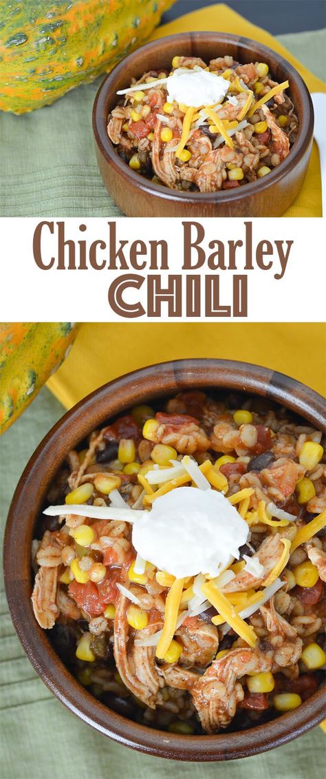 This warm and comforting Chicken Barley Chili is quick and easy to throw together. The barley adds something a little unique and jarred salsa is a quick shortcut for lots of flavor! Chicken Barley Chili, Barley Chili, Chicken Barley Soup Recipe, Chicken Barley, Jarred Salsa, Barley Recipe, Grain Recipes, Hearty Chicken, Fall Cooking