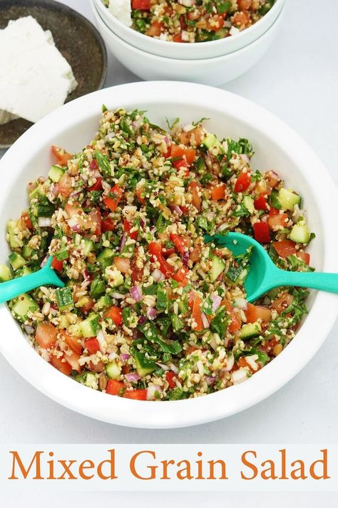 bowl of mixed grain salad with a smaller bowl and some feta cheese behind Grain Salads Summer, Arugula Grain Bowl, Mixed Grain Salad, Grains Salad Recipes, Mixed Grains Recipe, 7 Grain Salad, Mediterranean Grains, Grain Side Dishes, Easy Healthy Salads